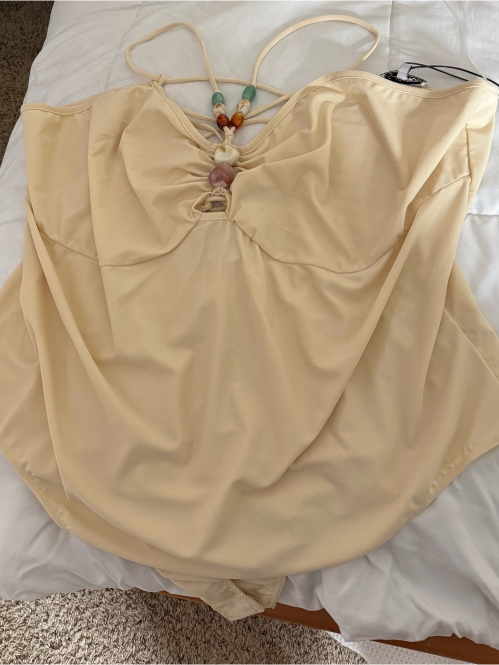 Fashion Nova Cream Leilani V-Neck Beaded Bodysuit